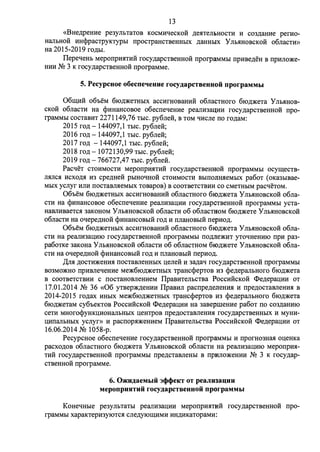 13 
«BHe,z::i;peHHe pe3yJioTaTOB KOCMHqecKoii .n;eHTeJI:&HOCTH H C03,lJ;aHHe perHO­HanbHOH 
HHcppaCTPYKTYPhl ITpOCTPaHCTBeHHbIX ,z::i;aHHblX y JlbHHOBCKOH o6naCTH» 
Ha 2015-2019 fO)J;bl. 
ITepeqeHI> MepoITpHHTHii rocy.n;apcTBeHHoii ITporpaMMhI ITpHse.n;eH s ITPHJIO)Ke­HHH 
N2 3 K rocy.n;apcTBeHHoii ITporpaMMe. 
5. Pecypcuoe o6ecneqeuue rocy~apcTeeuuoii nporpaMMhI 
06rn;uii o6oeM 6JO)J;)KeTHblX accHrHOBaHHH o6naCTHOro 6JO)J;)KeTa y JlbHHOB­CKOH 
o6nacTH Ha cpHHaHcosoe o6ecITeqeHHe peanH3aQHH rocy.n;apcTBeHHoii ITpo­rpaMMhI 
COCTaBHT 2271149,76 TbIC. py6neii, B TOM qHcne ITO ro.n;aM: 
2015 ro.n; - 144097, 1 ThIC. py6neii; 
2016 ro.n; - 144097, 1 Thie. py6neii; 
2017 ro.n; - 144097, 1 TbIC. py6neii; 
2018 ro.n; - 1072130,99 TbIC. py6neii; 
2019 ro.n; - 766727,47 TI>IC. py6neii. 
PacqeT CTOHMOCTH MepoITpHHTHM rocy.n;apCTBeHHOM ITporpaMMbl ocyrn;eCTB­JIHJICH 
HCXO)J;H H3 cpe,z::i;He:ii pornoqHoii CTOHMOCTH BbIIIOnHHeMbIX pa6oT ( OKa3bIBae­MbIX 
ycnyr HJIH ITOCTaBJIHeMbIX TOBapoB) B COOTBeTCTBHH co CMeTHbIM pacqeTOM. 
06oeM 6JO)J;)KeTHblX accHrHOBaHHH o6nacTHOro 6ro,z::i;)KeTa y JlbHHOBCKOH o6na­CTH 
Ha cpHHaHCOBOe o6ecITeqeHHe peanH3aI.J,HH rocy.n;apCTBeHHOH ITporpaMMbl ycTa­HaBJIHBaeTCH 
3aKOHOM y JlbHHOBCKOH o6naCTH 06 o6naCTHOM 6JO)J;)KeTe y JlbHHOBCKOH 
o6naCTH Ha oqepe,z::i;HOM cpHHaHCOBbIM ro.n; H ITJiaHOBbIM ITepHO)J;. 
06oeM 6JO)J;)KeTHblX accHrHOBaHHM o6naCTHOro 6ro.n;)KeTa y JlbHHOBCKOH o6na­CTH 
Ha peanH3aI.I,HIO rocy.n;apCTBeHHOH ITporpaMMbl ITO)J;Jle)KHT yToqHeHHIO ITPH pa3- 
pa6oTKe 3aKOHa y JlbHHOBCKOM o6naCTH 06 o6nacTHOM 6IO.n;)KeTe y JlbHHOBCKOM o6na­CTH 
Ha oqepe,z::i;HOM cpHHaHCOBblM ro.n; H ITJiaHOBbIM ITepHO)J;. 
,ll.nH )J;OCTH)KeHHH ITOCTasneHHblX u;eneii H 3a,z::i;aq rocy.n;apCTBeHHOH ITporpaMMbl 
B03MO)KH0 ITpHBJieqeHHe Me)K6JO,z::i;)KeTHbIX TpaHccpepTOB H3 cpe.n;epanbHOro 6JO)J;)KeTa 
B cooTBeTCTBHH c ITOCTaHosneHHeM ITpaBHTeJII>CTBa PoccH:iicKo:ii <I>e.n;epaI.I,HH OT 
17.01.2014 N2 36 «06 yTsep)K.n;eHHH ITpaBHJI pacITpe.n;eneHHH H ITpe.n;ocTasneHHH B 
2014-2015 ro.n;ax HHI>IX Me)K6JO,z::i;)KeTHhIX TPaHccpepToB H3 cpe.n;epanI>Horo 610,z::i;)KeTa 
610,z::i;)KeTaM cy6oeKTOB PoccH:iicKoii <I>e.n;epau;HH Ha 3aseprneHHe pa6oT ITO co3,z::i;aHHIO 
ceTH MHorocpyHKI.J,HOHanhHI>Ix u;eHTPOB ITpe.n;ocTaBneHHH rocy.n;apcTBeHHbIX H MYHH­I. 
J,HITanbHI>Ix ycnyr» H pacITopH)KeHHeM ITpaBHTeJII>CTBa PoccH:iicKo:H: <I>e.n;epaI.I,HH OT 
16.06.2014 N2 1058-p. 
PecypcHoe o6ecITeqeHHe rocy.n;apcTBeHHoii ITporpaMMbI H ITporH03HaH ou;eHKa 
pacxo,z::i;oB o6naCTHOro 6JO)J;)KeTa y JlbHHOBCKOH o6naCTH Ha peanH3aI.J,HIO MepoITpHH­THM 
rocy.n;apcTBeHHoii ITporpaMMbI ITpe,z::i;cTasneHI>I B ITPHJIO)KeHHH N2 3 K rocy.n;ap­CTBeHHo: 
H: ITporpaMMe. 
6. 0:tKH~aeMbIH Jcl>cl>eKT OT peaJIH33 .. HH 
MeponpHHTHH rocy~apCTBeHHOH nporpaMMbl 
KoHeqHI>Ie pe3ynoTaTI>I peanH3aI.J,HH MepoITpHHTHii rocy.n;apcTBeHHoii ITpo­rpaMMhI 
xapaKTepH3YIOTCH cne.n;yIOIIJ;HMH HH)J;HKaTopaMH: 
 