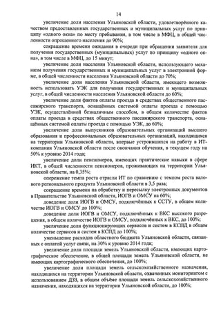 14 
yBeJIHqemfe ,ll;OJIH HacerreHH.SI y Jib.SIHOBCKOH o6rraCTH, y,n;oBJieTBopeHHoro Ka­qecTBOM 
npe,n;ocTaBrreHHbIX rocy,n;apcTBeHHbIX H MYHHQHnarroHbIX ycrryr no rrpHH­: 
u;Hrry «O,n;Horo OKHa» no MecTy npe6oIBaHH.SI, B TOM qlfcrre B M<l>I..I,, B o6UI,eH qHc­rreHHOCTH 
orrpoUieHHoro HacerreHH.SI ,n;o 90%; 
COKpaUI,eHHe BpeMeHH O)KH,n;aHH.SI B oqepe,n;H npH o6paUI,eHHH 3a.SIBHTeJI.SI ,lI;JI.SI 
rrorryqeHH.SI rocy,n;apcTBeHHbIX (MYHHIJ;HIIaJibHbIX) ycrryr no npHHIJ;Hrry «O,lI;HOro OK­Ha 
», B TOM qHcrre B M<l>I..I,, ,n;o 15 MHHyT; 
yBeJIHqeHHe ,lI;OJIH HacerreHH.SI y Jib.SIHOBCKOH o6rraCTH, HCIIOJib3YJOr:u;ero Mexa­HH3M 
rrorryqeHH.SI rocy,n;apCTBeHHbIX H MYHHIJ;HIIaJibHbIX ycrryr B 3JieKTpOHHOH cpop­Me, 
B o6r:u;e:H qHcJieHHOCTH HacerreHH.SI y Jib.SIHOBCKOH o6rraCTH ,n;o 70%; 
yBeJIHqeHHe ,n;orrH HacerreHH.SI Yrro.SIHOBCKOH o6JJaCTH, HMeJOr:u;ero B03MO)l(­HOCTb 
Hcrrorro30BaTb Y3K ,n;rr.SI norryqeHH.SI rocy,n;apcTBeHHbIX H MYHH:u;HnarrI>HbIX 
ycrryr, B o6r:u;e:H qlfcJieHHOCTH HacerreHH.SI y Jib.SIHOBCKOH o6rraCTH ,n;o 60%; 
yBerrHqeHHe ,n;orrH cpaKTOB orrrraTbI rrpoe3,n;a B cpe,ncTBax o6r:u;ecTBeHHoro rrac­ca) 
l(HpcKoro TpaHCIIOpTa, OCHar:u;eHHbIX CHCTeMOH OIIJlaTbl npoe3,n;a c IIOMOr:u;blO 
Y3K, ocyr:u;ecTBJieHHOH 6e3HarrHqHbIM crroco6oM, B o6r:u;eM KOJIHqecTBe cpaKTOB 
orrrraTI>I rrpoe3,n;a B cpe,n;cTBax o6r:u;ecTBeHHoro rracca)l(HpcKoro TPaHcrropTa, ocHa­r: 
u;eHHbIX CHCTeMo:H orrrraTbI rrpoe3,n;a c rroMor:u;oJO Y3K, ,n;o 60%; 
yBeJIHqeHHe ,lI;OJIH BbIIIYCKHHKOB o6pa30BaTeJibHl>IX opraHH3aIJ;HH BbICIIIero 
o6pa30BaHH.SI H rrpocpeccHOHaJibHbIX o6pa30BaTeJibHbIX opraHH3aIJ;HH, HaxO,n;.Sir:u;HXC.SI 
Ha TeppHTOpHH Y Jib.SIHOBCKOH o6rracTH, BrrepBoie YCTPOMBIIIHXC.SI Ha pa6ozy B 11T­KOMrraHHH 
y Jib.SIHOBCKOH o6rraCTH rrocrre OKOHqaHH.SI o6yqeHH.SI, B TeKyr:u;eM ro,n;y Ha 
50% K ypoBHIO 2014 ro,n;a; 
yBeJIHqeHHe ,LJ;OJIH rreHCHOHepoB, HMelOr:u;HX npaicrHqecKHe HaBbIKH B ccpepe 
11KT, B o6r:u;e:H qHcrreHHOCTH rreHCHOHepoB, npo)l(HBaJOUJ;HX Ha Tepp11Top1111 Yrro.SI­HOBCKOH 
o6rraCTl1, Ha 0,35%; 
orrepe)l(eH11e TeMna pocTa OTPacrr11 11T rro cpaBHeHHIO c TeMrroM pocTa Barro­Boro 
per110HarrbHOro rrpo,n;yKTa y Jib.SIHOBCKOH o6rraCTl1 B 3 ,5 pa3a; 
COKpar:u;eH11e BpeMeHl1 Ha o6pa6oTKY H rrepecbIJIKY 3JieKTPOHHblX ,n;oKyMeHTOB 
B I1paB11TerrocTBe Y rro.SIHOBcKo:H 06rracT11, 110rB H OMCY Ha 60%; 
,n;oBe,n;eH11e ,n;orrH 11orB 11 OMCY, rro,n;KrrJOqeHHorx K CCTY, B o6r:u;eM Korr11- 
qecTBe 11orB 11 OMCY ,n;o 100%; 
,n;oBe,n;eH11e ,n;orr11 110rB 11 OMCY, rro,n;KJIJOqeHHblx K BKC Bo1c0Koro pa3pe­IIIeH11. 
SI, B o6r:u;eM Korr11qecTBe 110rB 11 OMCY, no,n;KJIJ0qeHH01x K BKC, ,n;o 100%; 
yBerrHqeH11e ,n;orr11 cpyHK:u;110H11py10r:u;Hx cepB11coB H cHcTeM B KCIT}J; B o6r:u;eM 
Korr11qecTBe cepBHCOB 11 c11cTeM B KCIT,lJ; ,n;o 100%; 
yMeHbUieH11e pacxo,n;oB o6rraCTHOro 6JO,n;)l(eTa y Jib.SIHOBCKOH o6rraCT11, CB.SI3aH­HbIX 
c orrrraTOH ycrryr CB.Sl311, Ha 30% K ypoBHIO 2014 ro,n;a; 
yBerr11qeH11e ,lI;OJ111 rrrror:u;a,n;11 3eMeJib y Jib.SIHOBCKOH o6rraCTH, 11Me10r:u;11x KapTO­rpacp11qecKoe 
06ecrreqeH11e, B o6r:u;e:H rrrror:u;a,n;11 3eMeJib Y Jib.SIHOBCKOH 06rracT11, He 
11Me10r:u;11x KapTorpacpHqecKoro 06ecrreqeH11.SI, ,n;o 100%; 
yBerr11qeH11e ,lI;OJ111 nrror:u;a,n;11 3eMeJib ceJibCKOX03.SIHCTBeHHOro Ha3HaqeHl1.SI, 
Haxo,n;.Hr:u;HXC.SI Ha TeppHTOp1111 y Jib.SIHOBCKOH o6rraCTH, OXBaqeHHblX MOHl1TOpHHfOM c 
11cnoJib30BaH11eM }];33, B o6r:u;eM o6oeMe nrror:u;a,n;11 3eMeJib ceJibCKOX03.SIHCTBeHHOro 
Ha3HaqeHl1.SI, Haxo,n;.Hr:u;11xc.SI Ha Tepp11Top1111 y Jib.SIHOBCKOH o6rraCTl1, ,n;o 100%; 
 