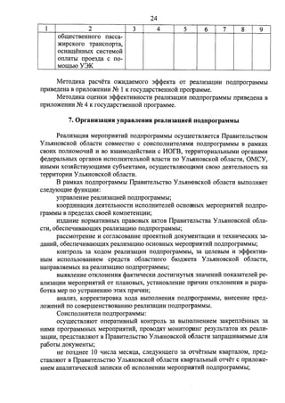 24 
1 2 3 4 5 6 7 8 9 
o6mecTBeHHoro ITacca- 
)IrnpcKoro TpaHCITOpTa, 
OCHarn;eHHblX CHCTeMOH 
oITnaTI>I ITpoe3.n;a C ITO-MOIUbI: 
O Y3K 
MeTo.n;MKa pacqeTa O)l(H,n;aeMoro 3<l><l>eKTa OT peanM3a.QHH ITO.n;ITporpaMMbI 
ITPHBe.n;eHa B ITPHJIO)l(eHHH NQ 1 K rocy.n;apcTBeHHo:H ITporpaMMe. 
MeTo.n;MKa o.QeHKH 3<l><l>eKTHBHOCTH peanM3a.QHH no.n;ITporpaMMbI ITpHBe.n;eHa B 
ITPHJIO)l(eHHH NQ 4 K rocy.n;apcTBeHHOH ITporpaMMe. 
7. Oprann3aQHH ynpaenenuH peanu3auueii noi:.nporpaMMbI 
PeanM3a.QH.H MepoITpH.HTHH ITo.n;nporpaMMbI ocymecTBn.HeTc.H ITpaBHTeJII>CTBOM 
y Jlb.HHOBCKOH o6naCTH COBMeCTHO c COHCITOJIHHTeJI.HMH no.n;ITporpaMMbl B paMKax 
CBOHX ITOJIHOMoqH:H H Bo B3aHMo.n;e:HcTBHH c MOrB, TeppHTopManI>HI>IMH opraHaMH 
<Pe.n;epanI>HI>IX opraHoB HCITOJIHHTeJII>HOH BnacTH ITO YnI>HHOBCKo:H o6nacTH, OMCY, 
HHblMH X03.HHCTBYI:OIUHMH cy6oeKTaMH, ocymecTBJI.HI:O.IUHMH CBOI:O .n;e.HTeJibHOCTb Ha 
TeppHTOpHH y Jlb.HHOBCKOH o6naCTH. 
B paMKax ITO.n;ITporpaMMI>I ITpaBHTeJII>CTBO Y JII>.HHOBCKOH o6nacTH BbIIIOJIH.HeT 
cne.n;yI:Orn;He <i>YHK.QHH: 
yITpaBneHHe peanM3a.QMe:H no.n;ITporpaMMI>I; 
Koop.n;HHa.QH.H .n;e.HTeJibHOCTH HCITOJIHHTene:H OCHOBHblX MepoITpH.HTHH ITO.n;ITpo­rpaMMbl 
B ITpe.n;enax CBOeH KOMITeTeH.QHH; 
H3.n;aHHe HopMaTHBHI>IX ITpaBOBbIX aKTOB ITpaBMTeJII>CTBa Y Jib.HHOBCKo:H o6na­CTH, 
06ecITeqMBa1:0rn;Mx peanM3a.QHI:O ITo.n;ITporpaMMI>I; 
paccMOTPeHHe H cornacoBaHHe ITpoeKTHOH .n;oKyMeHTa.QHH H TeXHHqecKHX 3a­. 
n;aHHH, 06ecITeqHBaI:OIUHX peanH3a.QHI:O OCHOBHblX MepOilpH.HTHH ITO.n;ITporpaMMbI; 
KOHTpOJib 3a XO,ll;OM peanH3a.QHH ITO.n;ITporpaMMbl, 3a .QeJieBbIM H 3<l><l>eKTHB­HbIM 
HCilOJlb30BaHHeM cpe.n;cTB o6nacTHOro 61:0.n;)l(eTa y Jlb.HHOBCKOH o6naCTH, 
HaITpaBn.HeMI>IX Ha peanM3a.QHI:O ITO,n;ITporpaMMI>I; 
Bbl.HBJieHHe OTKJIOHeHH.H <PaKTHqecKH ,ll;OCTHrHyTblX 3HaqeHHH ITOKa3aTene:H pe­anH3a. 
QHH MepoITpH.HTHH OT ITJiaHOBbIX, ycTaHOBJieHHe ITpHqlfH OTKJIOHeHH.H H pa3pa- 
6oTKa Mep ITO ycTPaHeHHI:O 3THX ITpHqHH; 
aHanH3, KoppeKTHpOBKa xo.n;a BbIIIOJIHeHH.H ITO.n;ITporpaMMbI, BHeceHHe ITpe.n;­JIO) 
l(eHHH ITO COBeprneHCTBOBaHHI:O peanH3a.QHH ITO,ll;ITporpaMMbl. 
CoHCITOJIHHTeJIH ITO,n;ITporpaMMbI: 
ocymecTBJI.HI:OT oITepaTHBHI>IH KOHTPOJII> 3a BhrnonHeHMeM 3aKpeITneHHI>Ix 3a 
HHMH ITporpaMMHblX MepoITpH.HTHH, ITpOBO.n;.HT MOHHTOJ»rnr pe3yJII>TaTOB HX peanH- 
3a.QHH, ITpe.n;cTaBJI.HI:OT B ITpaBMTeJII>CTBO Y Jib.HHOBCKOH o6nacTH 3anparnMBaeMb1e .n;n.H 
pa60Tbl .n;oKyMeHTbI; 
He IT03,n;Hee 10 qMcna Mec.H.Qa, cne.n;y1:0mero 3a OTqeTHI>IM KBapTanoM, ITpe.n;­cTaBJI. 
HI:OT B ITpaBMTeJII>CTBO Y Jib.HHOBCKo:H o6nacTH KBapTanI>HbIH oTqeT c ITpHJIO)l(e­HHeM 
aHanHTHqecKOH 3aITHCKH 06 HCITOJIHeHHH MeponpIDITHH no.n;ITporpaMMbI; 
 