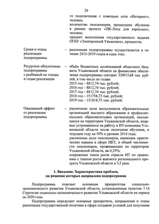 CpoKH H :nan1>1 
pearrH3aQHH 
no.ri;nporpaMMI>I 
PecypcHoe o6ecne1IeHHe 
no.ri;nporpaMMI>I 
c pa36HBKOH no :nanaM 
H ro,ri;aM pearrH3aQHH 
O)l(H,rt;aeMblH 3cpcpeKT 
OT pearrH3aQHH 
no.ri;nporpaMMbl 
26 
ro no.ri;KmoqeHHH c n0Mom1>10 ceTH «11HTepHeT>>, 
1IeJIOBeK; 
KOJIHqecTBO neHCHOHepoB, npome.ri;rrrnx o6yqeHHe 
B paMKax npoeKTa «TIK-JhH,rt; .ri;m1 B3pOCJibIX», 
1IerroBeK; 
npoQeHT BblIIOJIHeHHH rocy.ri;apCTBeHHoro 3a,rt;aHHH 
Or6Y «3rreKTpOHHI>IH Y JII>HHOBCK», npoQeHTOB. 
pearrH3aQHH no.ri;nporpa:MMI>I ocymecTBJIHeTcH B Te­qeHHe 
2015-2019 ro.ri;oB B o,rt;HH :nan. 
o6oeM 6JO,rt;)l(eTHbIX acCHfHOBaHHH o6rracTHOro 610.ri;­) 
l(eTa y JibHHOBCKOH o6rraCTH Ha cpHHaHCOBOe o6ecne­qeHHe 
no.ri;nporpaMMbl COCTaBHT 330015,68 TbIC. py6- 
rreii, B TOM qHcrre no ro,ri;aM: 
2015 ro.ri; - 8812,74 T1>1c. py6rreii; 
2016 ro.ri;- 8812,74 T1>1c. py6rreii; 
2017 ro.ri; - 8812, 7 4 T1>1c. py6rreii; 
2018 ro.ri;-151758,73 TblC. py6rreii; 
2019 ro.ri; - 151818, 73 TI>IC. py6rreii. 
yBeJIH1IeHHe ,rt;OJIH Bl>IIIYCKHHKOB o6pa30BaTeJibHblX 
opraHH3aQHH B1>1cmero o6pa3oBaHHH H npocpeccHo­HaJII> 
HblX o6pa30BaTeJII>Hl>IX opraHinaQHH, HaXO,rt;H­mHXCH 
Ha TeppHTOpHH y Jll>HHOBCKOH o6rraCTH, Bnep­Bl> 
Ie ycTpoHBllIHXCH Ha pa6oTy B HT-KoMnaHHH YrrI>­HHOBCKOH 
o6rracTH nocne OKOHqaHHH o6yqeHHH, B 
TeKymeM ro.ri;y Ha 50% K ypoBHJO 2014 ro.ri;a; 
yBeJIH1IeHHe ,rt;OJIH neHCHOHepoB, HMeJOmHx npaKTH­qecKHe 
HaBI>IKH B ccpepe MKT, B o6meii qHcrreHHo­cTH 
neHCHOHepoB, npmlCHBaJOmHx Ha TeppHTOpHH 
YrrI>HHOBCKOH o6rracTH, HJa 0,35%; 
onepe)l(eHHe TeMna pocTa oTpacrrH HT no cpaBHe­HHJO 
c TeMnOM pocTa BaJIOBOfO perHOHaJibHOfO npo­. 
ri;yKTa y JibHHOBCKOH o6rracTH B 3 ,5 pa3a. 
1. Bee.i:.euue. XapaKTepncTHKa npo6JieM, 
ua pemeuue KOTOpbIX uanpaeJieua no~nporpaMMa 
ITo.ri;nporpaMMa OTBeqaeT OCHOBHblM IIpHOpHTeTaM COQHaJibH0- 
3KOHOMH1IeCKOf0 pa3BHTHH Y JII>HHOBCKOH o6rracTH, ycTaHoBrreHHI>IM nyHKTOM 7 .16 
CTpaTerHH coQHaJII>H0-3KOHOMHqecKoro pa3BHTHH Y JII>HHOBCKOH o6rracTH Ha nepHo.ri; 
.ri;o 2020 ro.ri;a. 
ITo.ri;nporpaMMa onpe.ri;errHeT OCHOBHI>Ie npHOpHTeTI>I, HanpaBJieHHH H 3Tanbl 
pearrH3aQHH rocy.ri;apcTBeHHOH nOJIHTHKH B ccpepe C03,rt;aHHH ycrrOBHH ,rt;JIH norryqeHHH 
 