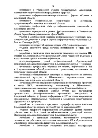 29 
rrpoBe.n;eHHe B y Jlb.HHOBCKOH o6naCTH TOp)l(eCTBeHHbIX MeporrpH.HTHH, 
ITOCB.HIIJ;eHHbIX rrp0<peCCHOHaJibHbIM rrpa.3,ll;HHKaM B ccpepe 11KT; 
rrpoBe.n;eHHe HHcpopMa.QHOHHO-KOMMYHHKa.QHOHHOro cpopyMa «CTal.JKa» B 
y Jlb.HHOBCKOH o6JiaCTH; 
rrpoBe.n;eHHe Me:>I<:perHOHaJibHOH KOHcpepeHI.I;HH 110 CB06o.n;HOMY 
rrporpaMMHOMY o6ecrrel.JeHHIO B y Jlb.HHOBCKOH o6JiaCTH; 
rrpoBe.n;eHHe KOHcpepeH.QHH «MacTep HHcpOpMaD;HOHHbIX TeXHOJIOrHH» B 
y Jlb.HHOBCKOH o6JiaCTH; 
rrpoBe.n;eHHe MeporrpH.HTHH B paMKax cpyHK.QHOHHpoBaHH.H B Ynb.HHOBCKOH 
o6nacTH EBporreiicKoro perHOHaJibHoro ocpHca WeGO; 
Yl.JaCTHe B Me:>I<:.n;yHapo.n;HOH BbICTaBKe HHcpopMa.QHOHHbIX TeXHOJIOrHH, TeJie­KOMMYHHKa. 
QHH, perneHHH H ycnyr B OTPaCJIH HHcpopMal.I;HOHHbIX TexHonorHH «U.e- 
6HT» Br. faHHOBepe (<l>Pf); 
rrpoBe.n;eHHe MeporrpH.HTHH B paMKax rrpoeKTa «I1K-J13H,ll; ,ll;JI.H B3pOCJibIX»; 
co3.n;aHHe o6nacTHoro cpoH.n;a HaYl.JHbIX Hccne,noBaHHH B ccpepe MT H 
po6oTOTeXHHKH; 
pa3pa6oTKa H peanH3a.QH.H rrnaHa cHcTeMHoro ocaern;eHH.H .n;e.HTeJibHOCTH MT­KJiacTepa 
Y Jib.HHOBCKOH o6nacTH B pa3JIHlfHbIX cy6oeKTaX PoccHHCKOH <l>e.n;epa.QHH c 
HCITOJib30BaHHeM cpe.n;CTB MaCCOBOH HHcpopMa.QHH; 
rreperrpocpHJIHpoBaHHe O,ll;HOH rrpocpeCCHOHaJibHOH o6pa30BaTeJibHOH 
opraHH3a.QHH, Haxo.n;.Hrn;e.Hc.H Ha TeppHTOpHH Ynb.HHOBCKOH o6nacTH, B MT-Konne.n;:>I<:; 
opraHH3a.QH.H rrpocpHJibHoro o6Yl.JeHH.H no cpH3HKe, HHcpopMaTHKe H MT 
B 5 MYHH.QHITaJibHbIX o6rn;eo6pa3oBaTeJibHbIX opraH:a3a.QH.HX, Haxo.n;.Hrn;Hxc.H Ha 
TeppHTOpHH y Jlb.HHOBCKOH o6JiaCTH; 
opraHH3a.QH.H o6pa30BaTeJibHbIX CeMHHapoB H MacTep-KJiaCCOB 110 pa3BHTHIO 
TexHonorHl.JecKoii KYJibTYPhI B MT-KoMrraHH.HX, ocyrn;ecTBJI.HIOIIJ;HX CBOIO 
.n;e.HTeJibHOCTb Ha TeppHTOpHH y Jlb.HHOBCKOH o6nacTH; 
opraHH3a.QH.H KypcoB ITOBbillieHH.H KBaJIHcpHKa.QHH no yrrpaBJieHHIO rrpoeKTaMH 
B ccpepe 11KT, HHHOBa.QHOHHOMY MeHe.n;:>I<:MeHry B MT-KoMrraHH.HX, 
ocyrn;ecTBJI.HIOIIJ;HX CBOIO .n;e.HTeJibHOCTb Ha TeppHTOpHH y Jlb.HHOBCKOH o6JiaCTH; 
pa3pa60TKa H BHe.n;peHHe Yl.Je6HbIX KypCOB ,ll;JI.H 06Yl.JalOIIJ;HXC.H 
MYHH.QHITaJibHbIX 06rn;eo6pa30BaTeJibHbIX opraHH3a.QHH, Haxo.n;.HIIJ;HXC.H B 
Y Jib.HHOBCKOH o6nacTH, no cpH3HKe, HHcpopMaTHKe H ITT Ha ocHoBe coBpeMeHHbIX 
HHHOBa.QHOHHbIX o6pa30BaTeJibHbIX TeXHOJIOrHH c 3JieMeHTaMH Me:>I<:.n;yHapo.n;HbIX 
o6pa30BaTeJibHbIX rrporpaMM; 
pa3pa6oTKa H peaJIH3a.QH.H rrporpaMMbI rreperrpocpHnHpoBaHH.H HaceneHH.H 
Ynb.HHOBCKOH o6nacTH B B03pacTe OT 35 .n:o 50 neT no .n;Hc.QHITJIHHaM MT; 
C03,ll;aHHe pecypcHoro HHcpOpMa.QHOHHO-MeTO,ll;IBieCKOro U.eHTPa pa3BHTH.H 
po60TOTeXHHKH Ha 6a.Je O,ll;HOH H3 o6pa30BaTeJibHbIX opraHH3a.QHH BbIClliero 
o6pa30BaHM.H, Haxo.n;.Hrn;e.Hc.H Ha TeppHTOpHH y Jlb.HHOBCKOH o6JiaCTH; 
pa3pa6oTKa M peanH3a.QM.H rrporpaMMbI MaTepHaJibHoro rroorn;peHH.H 
rre.n:arorHlfeCKHX pa6oTHHKOB, rrperro.n;aJOrn;Hx .n;Hc.QHITJilfHbI MT B o6pa3oBaTeJibHbIX 
Yl.Jpe:>I<:.n;eHH.HX, HaXO.n;.HIIJ;HXC.H Ha TeppHTOpHH y Jlb.HHOBCIOOH o6nacTH; 
pa3pa60TKa H peaJIH3a.QH.H rrporpaMMbl ITOBbillieHH.H KBaJIHcpHKa.QHH 
 