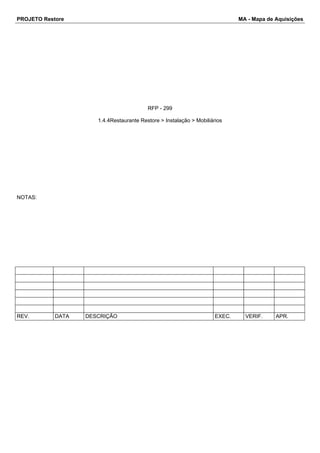 PROJETO Restore MA - Mapa de Aquisições 
RFP - 299 
1.4.4Restaurante Restore > Instalação > Mobiliários 
NOTAS: 
REV. DATA DESCRIÇÃO EXEC. VERIF. APR. 
 