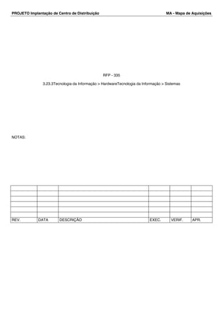 PROJETO Implantação de Centro de Distribuição MA - Mapa de Aquisições 
RFP - 335 
3.23.3Tecnologia da Informação > HardwareTecnologia da Informação > Sistemas 
NOTAS: 
REV. DATA DESCRIÇÃO EXEC. VERIF. APR. 
 