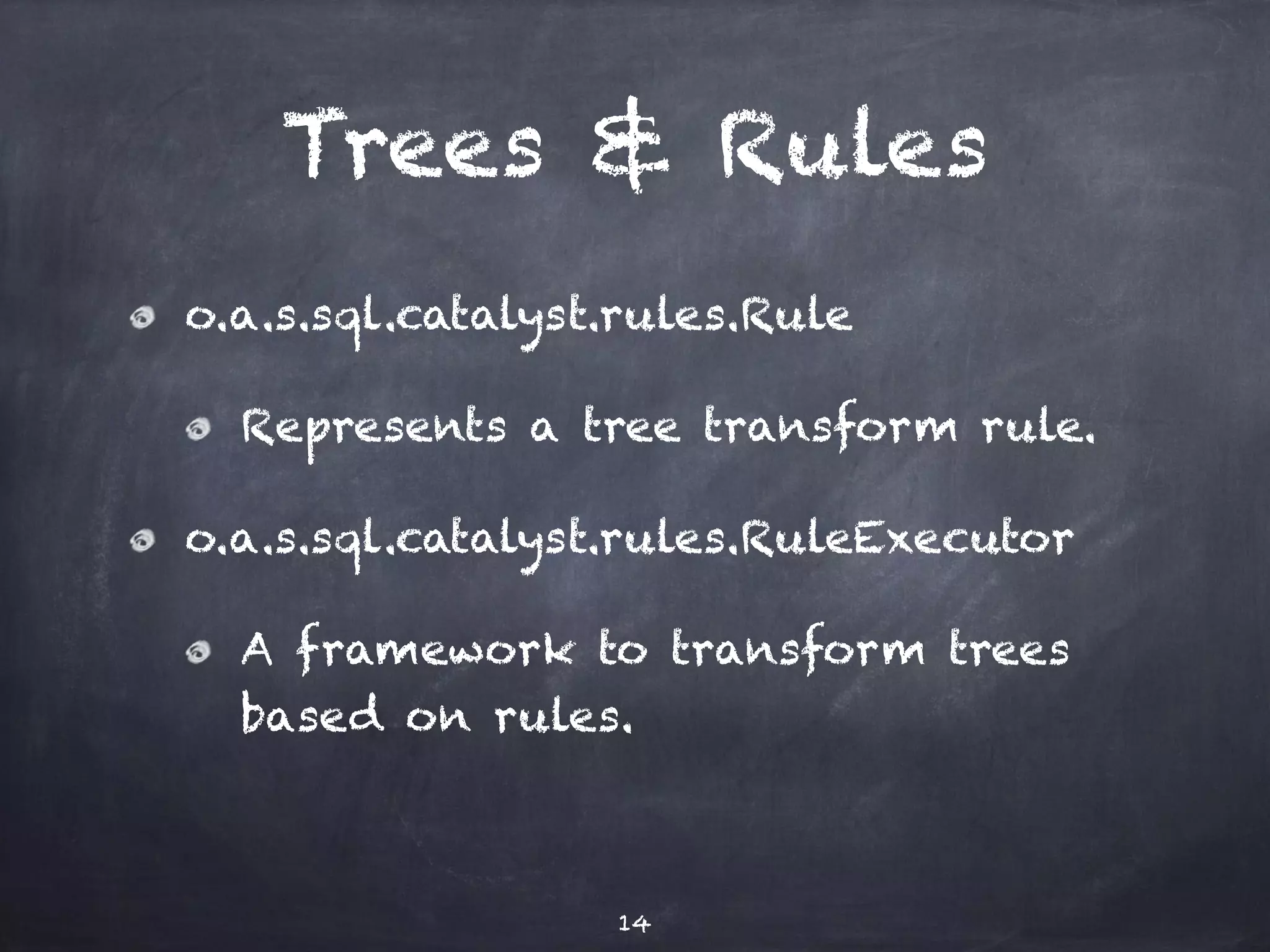 Trees & Rules o.a.s.sql.catalyst.rules.Rule Represents a tree transform rule. o.a.s.sql.catalyst.rules.RuleExecutor A framework to transform trees based on rules. 14 