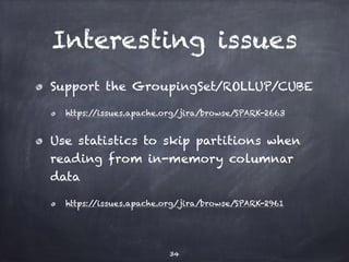 Interesting issues 
Support the GroupingSet/ROLLUP/CUBE 
https://issues.apache.org/jira/browse/SPARK-2663 
Use statistics to skip partitions when 
reading from in-memory columnar 
data 
https://issues.apache.org/jira/browse/SPARK-2961 
34 
 