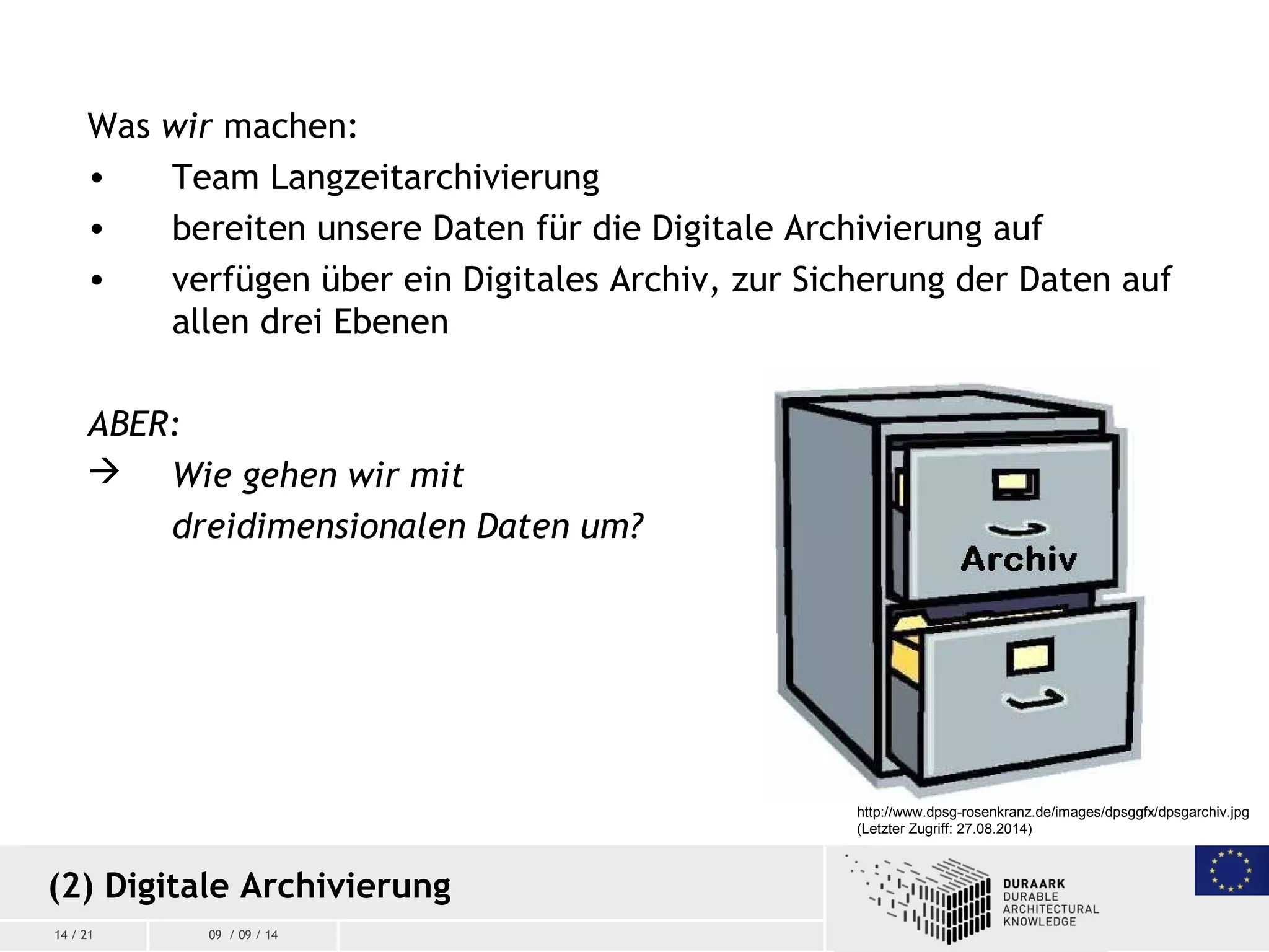14 / 21 09 / 09 / 14
Was wir machen:
• Team Langzeitarchivierung
• bereiten unsere Daten für die Digitale Archivierung auf
• verfügen über ein Digitales Archiv, zur Sicherung der Daten auf
allen drei Ebenen
ABER:
 Wie gehen wir mit
dreidimensionalen Daten um?
(2) Digitale Archivierung
http://www.dpsg-rosenkranz.de/images/dpsggfx/dpsgarchiv.jpg
(Letzter Zugriff: 27.08.2014)
 