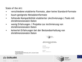 18 / 21 09 / 09 / 14
State of the Art:
• verschiedene etablierte Formate, aber keine Standard-Formate
• kaum geeignete Met...