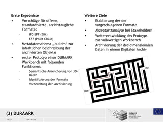 19 / 21 09 / 09 / 14
Erste Ergebnisse
• Vorschläge für offene,
standardisierte, archivtaugliche
Formate:
– IFC-SPF (BIM)
–...