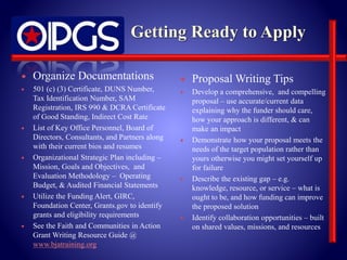  Organize Documentations 
 501 (c) (3) Certificate, DUNS Number, 
Tax Identification Number, SAM 
Registration, IRS 990 & DCRA Certificate 
of Good Standing, Indirect Cost Rate 
 List of Key Office Personnel, Board of 
Directors, Consultants, and Partners along 
with their current bios and resumes 
 Organizational Strategic Plan including – 
Mission, Goals and Objectives, and 
Evaluation Methodology – Operating 
Budget, & Audited Financial Statements 
 Utilize the Funding Alert, GIRC, 
Foundation Center, Grants.gov to identify 
grants and eligibility requirements 
 See the Faith and Communities in Action 
Grant Writing Resource Guide @ 
www.bjatraining.org 
 Proposal Writing Tips 
 Develop a comprehensive, and compelling 
proposal – use accurate/current data 
explaining why the funder should care, 
how your approach is different, & can 
make an impact 
 Demonstrate how your proposal meets the 
needs of the target population rather than 
yours otherwise you might set yourself up 
for failure 
 Describe the existing gap – e.g. 
knowledge, resource, or service – what is 
ought to be, and how funding can improve 
the proposed solution 
 Identify collaboration opportunities – built 
on shared values, missions, and resources 
 