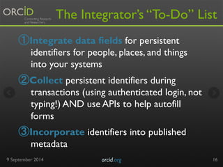 The Integrator’s “To-Do” List 
① Integrate data fields for persistent 
identifiers for people, places, and things 
into yo...