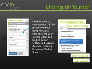 Distinguish Yourself 
Use free tools to 
connect your ORCID 
identifier to your 
name variations, 
affiliations, and your ...