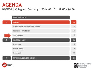 AGENDA 
DMEXCO | Cologne | Germany | 2014.09.10 | 12:00 - 14:00 
1 #BMGen 
A New Generation: Generation #BMGen 
Nespresso | What Else? 
2 PANDORA’S BOXES 
Prototype I 
Friends & Foes 
Prototype II 
3 PITCH | CHALLENGE | DISCUSS 
© Vujàdé Ltd. – Supporting Photo by: Vujàdé Ltd – JaspFeorr wBoaurdw sTmhian king 
40‘ 
10‘ 
20‘ 
30‘ 
15‘ 
5‘ 
10‘ 
60‘ 
HOI + GRÜESSECH 
Shift Happens 10‘ 
 