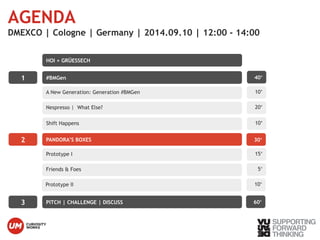 AGENDA 
DMEXCO | Cologne | Germany | 2014.09.10 | 12:00 - 14:00 
1 #BMGen 
A New Generation: Generation #BMGen 
Nespresso | What Else? 
2 PANDORA’S BOXES 
Prototype I 
Friends & Foes 
Prototype II 
3 PITCH | CHALLENGE | DISCUSS 
© Vujàdé Ltd. – Supporting Photo by: Vujàdé Ltd – JaspFeorr wBoaurdw sTmhian king 
40‘ 
10‘ 
20‘ 
30‘ 
15‘ 
5‘ 
10‘ 
60‘ 
HOI + GRÜESSECH 
Shift Happens 10‘ 
 