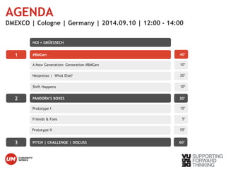 AGENDA 
DMEXCO | Cologne | Germany | 2014.09.10 | 12:00 - 14:00 
1 #BMGen 
A New Generation: Generation #BMGen 
Nespresso | What Else? 
2 PANDORA’S BOXES 
Prototype I 
Friends & Foes 
Prototype II 
3 PITCH | CHALLENGE | DISCUSS 
© Vujàdé Ltd. – Supporting Photo by: Vujàdé Ltd – JaspFeorr wBoaurdw sTmhian king 
40‘ 
10‘ 
20‘ 
30‘ 
15‘ 
5‘ 
10‘ 
60‘ 
HOI + GRÜESSECH 
Shift Happens 10‘ 
 