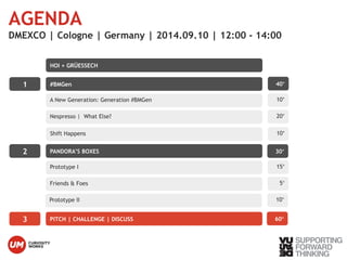 AGENDA 
DMEXCO | Cologne | Germany | 2014.09.10 | 12:00 - 14:00 
1 #BMGen 
A New Generation: Generation #BMGen 
Nespresso | What Else? 
2 PANDORA’S BOXES 
Prototype I 
Friends & Foes 
Prototype II 
3 PITCH | CHALLENGE | DISCUSS 
© Vujàdé Ltd. – Supporting Photo by: Vujàdé Ltd – JaspFeorr wBoaurdw sTmhian king 
40‘ 
10‘ 
20‘ 
30‘ 
15‘ 
5‘ 
10‘ 
60‘ 
HOI + GRÜESSECH 
Shift Happens 10‘ 
 