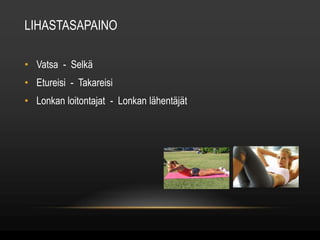 LIHASTASAPAINO 
• Vatsa - Selkä 
• Etureisi - Takareisi 
• Lonkan loitontajat - Lonkan lähentäjät 
 