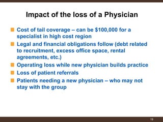 Cost of tail coverage – can be $100,000 for a specialist in high cost region Legal and financial obligations follow (debt related to recruitment, excess office space, rental agreements, etc.) Operating loss while new physician builds practice Loss of patient referrals Patients needing a new physician – who may not stay with the group 
Impact of the loss of a Physician 
19  