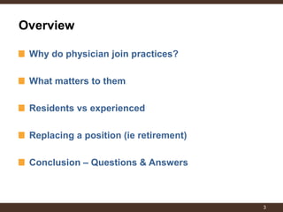 Overview Why do physician join practices? 
What matters to them 
Residents vs experienced 
Replacing a position (ie retirement) 
Conclusion – Questions & Answers 
3  