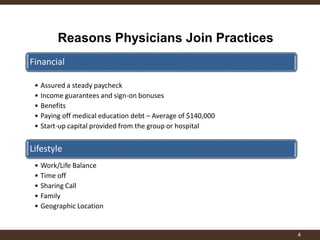 Reasons Physicians Join Practices 
4 
Financial 
•Assured a steady paycheck 
•Income guarantees and sign-on bonuses 
•Benefits 
•Paying off medical education debt – Average of $140,000 
•Start-up capital provided from the group or hospital 
Lifestyle 
•Work/Life Balance 
•Time off 
•Sharing Call 
•Family 
•Geographic Location 
 