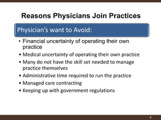 Reasons Physicians Join Practices 
6 
Physician’s want to Avoid: 
•Financial uncertainty of operating their own practice 
•Medical uncertainty of operating their own practice 
•Many do not have the skill set needed to manage practice themselves 
•Administrative time required to run the practice 
•Managed care contracting 
•Keeping up with government regulations 
 
