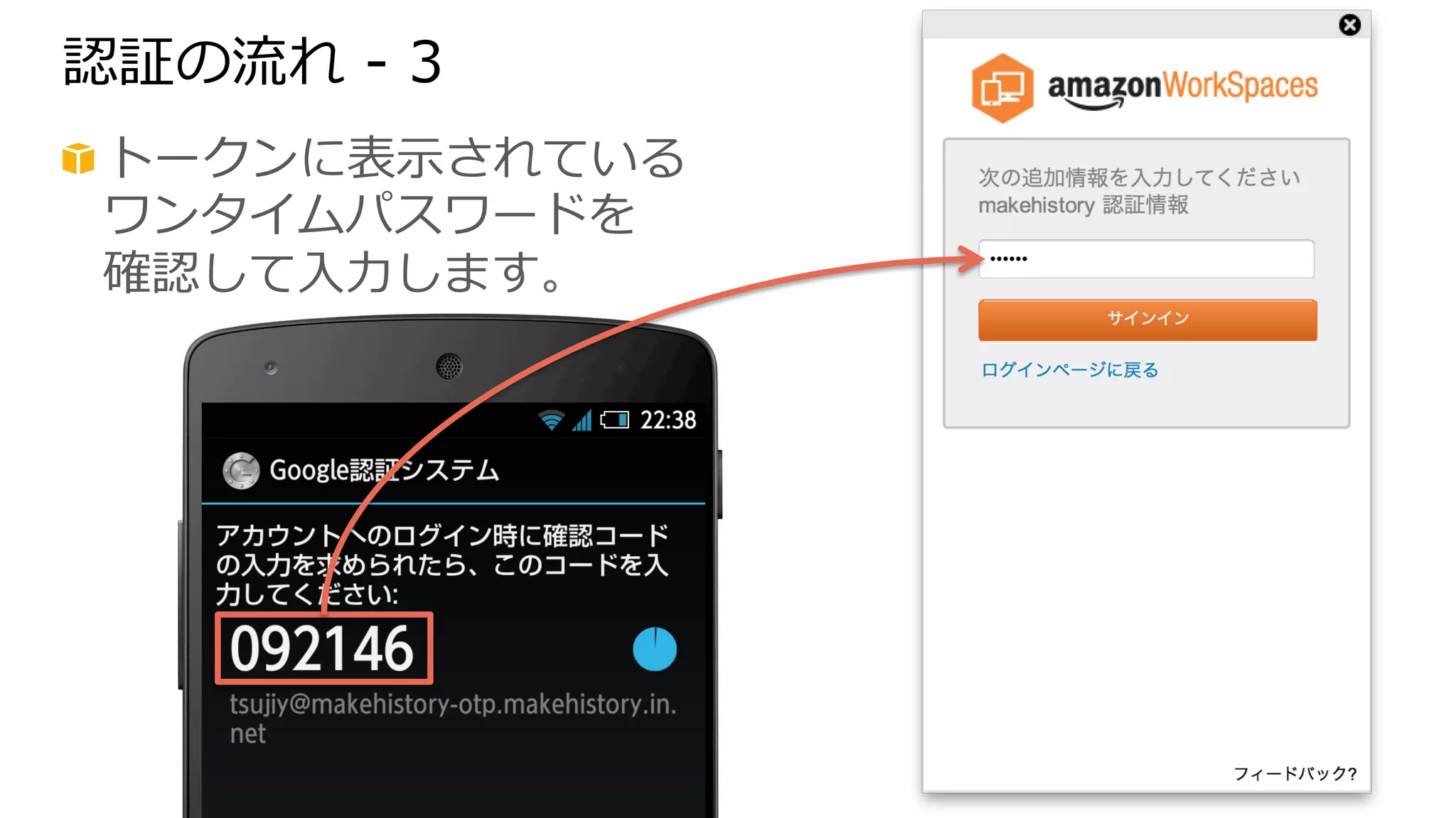 認証の流流れ -‐‑‒ 3 
! トークンに表⽰示されている 
ワンタイムパスワードを 
確認して⼊入⼒力力します。 
 