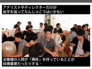 アナリストやディレクターだけが 
数字を追ってたんじゃこうはいかない 
全職種の人間が「興味」を持っていることが 
結構重要だったりする。  
