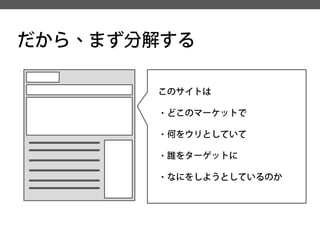 だから、まず分解する 
このサイトは 
・どこのマーケットで 
・何をウリとしていて 
・誰をターゲットに 
・なにをしようとしているのか  