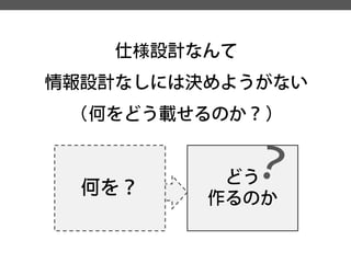 仕様設計なんて 
情報設計なしには決めようがない 
（何をどう載せるのか？） 
何を？ 
どう 
作るのか  