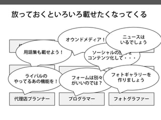 放っておくといろいろ載せたくなってくる 
依頼主の担当 
依頼主の上長 
代理店プランナー 
Webディレクター 
デザイナー 
プログラマー 
イラストレーター 
フォトグラファー 
ライター 
用語集も載せよう！ 
ライバルの 
やってるあの機能を！ 
フォームは別々 
がいいのでは？ 
オウンドメディア！ 
ソーシャルの反応を 
コンテンツ化して・・・ 
フォトギャラリーを 
作りましょう 
ニュースは 
いるでしょう  