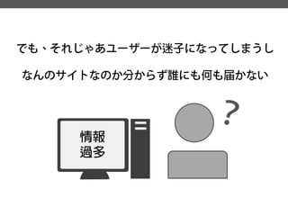でも、それじゃあユーザーが迷子になってしまうし 
なんのサイトなのか分からず誰にも何も届かない 
情報 
過多  