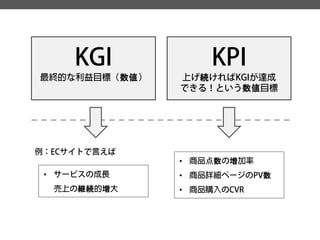 KGI 
最終的な利益目標（数値） 
KPI 
上げ続ければKGIが達成 
できる！という数値目標 
例：ECサイトで言えば 
• 
商品点数の増加率 
• 
商品詳細ページのPV数 
• 
商品購入のCVR 
• 
サービスの成長 売上の継続的増大  