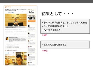 結果として・・・ 
・多くの人が「応援する」をクリックしてくれた 
・シェアが爆発的に広まった 
・PVも大きく跳ねた 
※KPI 
・もちろん応募も集まった 
※KGI  
