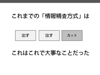 これまでの「情報精査方式」は 
出す 
出す 
カット 
これはこれで大事なことだった  