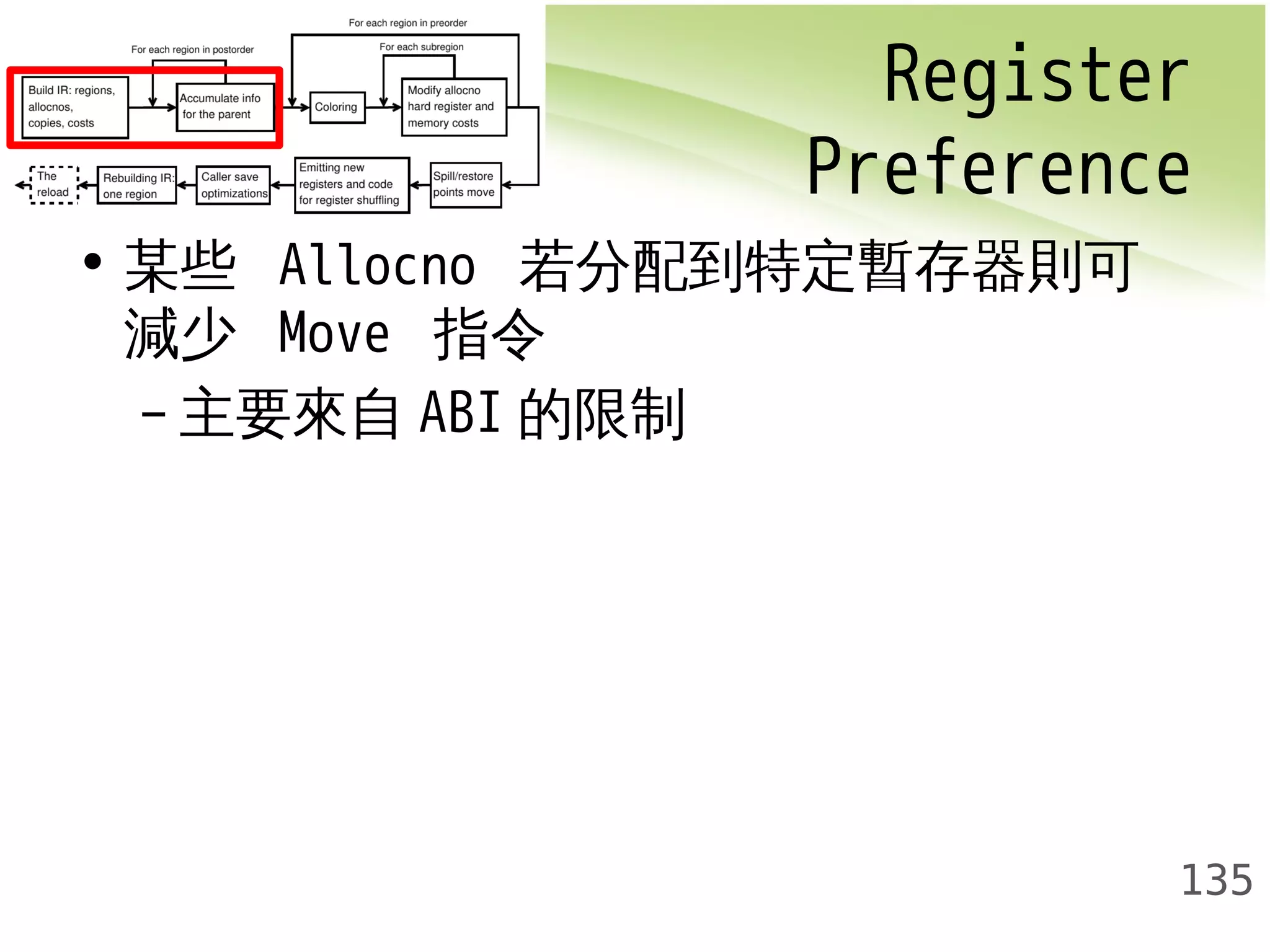 Register 
Preference 
135 
• 某些 Allocno 若分配到特定暫存器則可 
減少 Move 指令 
–主要來自ABI的限制 
 