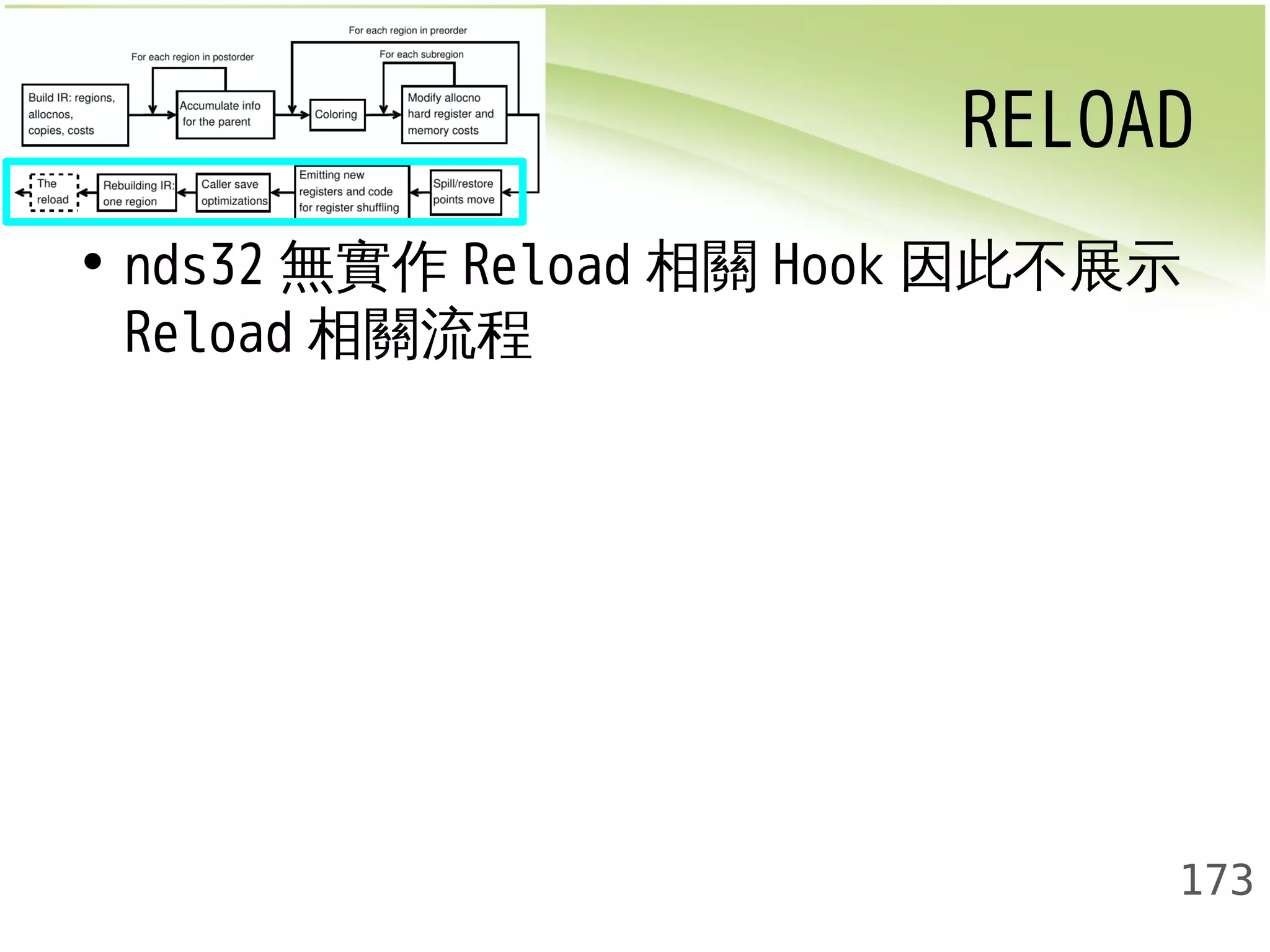 RELOAD 
• nds32無實作Reload相關Hook因此不展示 
Reload相關流程 
173 
 