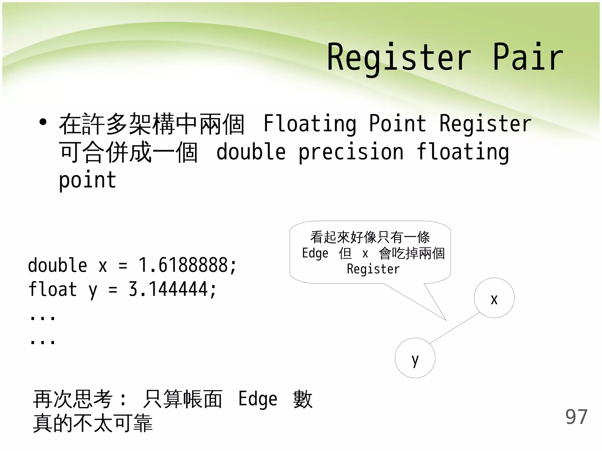 Register Pair 
97 
• 在許多架構中兩個 Floating Point Register 
可合併成一個 double precision floating 
point 
double x = 1.6188888; 
float y = 3.144444; 
... 
... 
y 
x 
看起來好像只有一條 
Edge 但 x 會吃掉兩個 
Register 
再次思考: 只算帳面 Edge 數 
真的不太可靠 
 