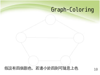 Graph-Coloring 
10 
假設有四個顏色，若邊小於四則可隨意上色 
 