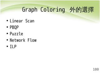 Graph Coloring 外的選擇 
100 
• Linear Scan 
• PBQP 
• Puzzle 
• Network Flow 
• ILP 
 