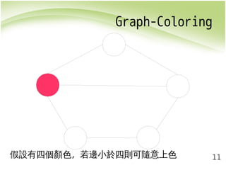 Graph-Coloring 
11 
假設有四個顏色，若邊小於四則可隨意上色 
 