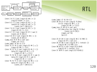 RTL 
120 
(insn 2 4 3 2 (set (reg/v:SI 48 [ n ]) 
(reg:SI 0 $r0 [ n ]))) 
(insn 6 3 7 2 (set (reg/v:SI 42 [ x ]) 
(ashift:SI (reg/v:SI 48 [ n ]) 
(const_int 1 [0x1])))) 
(insn 7 6 8 2 (set (reg/v:SI 43 [ z ]) 
(reg/v:SI 42 [ x ]))) 
(insn 8 7 9 2 (set (reg/v:SI 41 [ sum ]) 
(const_int 0 [0]))) 
(insn 9 8 33 2 (set (reg/v:SI 40 [ i ]) 
(const_int 0 [0]))) 
(jump_insn 33 9 34 2 (set (pc) 
(label_ref 17))) 
(code_label 19 34 12 3 3) 
(insn 13 12 14 3 (set (reg/v:SI 44 [ y ]) 
(reg/v:SI 40 [ i ]))) 
(insn 14 13 15 3 (set (reg/v:SI 45 [ t ]) 
(plus:SI (reg/v:SI 43 [ z ]) 
(reg/v:SI 44 [ y ])))) 
(insn 15 14 16 3 (set (reg/v:SI 41 [ sum ]) 
(plus:SI (reg/v:SI 41 [ sum ]) 
(reg/v:SI 45 [ t ])))) 
(insn 16 15 17 3 (set (reg/v:SI 40 [ i ]) 
(plus:SI (reg/v:SI 40 [ i ]) 
(const_int 1 [0x1])))) 
(code_label 17 16 18 4 2) 
(insn 20 18 21 4 (set (reg:SI 15 $ta) 
(lt:SI (reg/v:SI 40 [ i ]) 
(reg/v:SI 48 [ n ])))) 
(jump_insn 21 20 22 4 (set (pc) 
(if_then_else (ne (reg:SI 15 $ta) 
(const_int 0 [0])) 
(label_ref 19) 
(pc)))) 
(insn 23 22 26 5 (set (reg:SI 46 [ D.1385 ]) 
(reg/v:SI 41 [ sum ]))) 
(insn 26 23 30 5 (set (reg:SI 47 [ <retval> ]) 
(reg:SI 46 [ D.1385 ]))) 
(insn 30 26 31 5 (set (reg/i:SI 0 $r0) 
(reg:SI 47 [ <retval> ]))) 
(insn 31 30 0 5 (use (reg/i:SI 0 $r0))) 
 