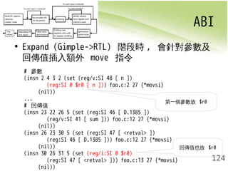 ABI 
124 
• Expand (Gimple->RTL) 階段時, 會針對參數及 
回傳值插入額外 move 指令 
# 參數 
(insn 2 4 3 2 (set (reg/v:SI 48 [ n ]) 
(reg:SI 0 $r0 [ n ])) foo.c:2 27 {*movsi} 
(nil)) 
... 
# 回傳值 
(insn 23 22 26 5 (set (reg:SI 46 [ D.1385 ]) 
(reg/v:SI 41 [ sum ])) foo.c:12 27 {*movsi} 
(nil)) 
(insn 26 23 30 5 (set (reg:SI 47 [ <retval> ]) 
(reg:SI 46 [ D.1385 ])) foo.c:12 27 {*movsi} 
(nil)) 
(insn 30 26 31 5 (set (reg/i:SI 0 $r0) 
(reg:SI 47 [ <retval> ])) foo.c:13 27 {*movsi} 
(nil)) 
第一個參數放 $r0 
回傳值也放 $r0 
 