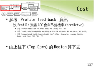 Cost 
137 
• 參考 Profile feed back 資訊 
– 沒Profile資訊GCC會自己猜機率(predict.c) 
• [1] "Branch Prediction for Free" Ball and Larus; PLDI '93. 
• [2] "Static Branch Frequency and Program Profile Analysis" Wu and Larus; MICRO-27. 
• [3] "Corpus-based Static Branch Prediction" Calder, Grunwald, Lindsay, Martin, 
Mozer, and Zorn; PLDI '95. */ 
• 由上往下(Top-Down)的Region算下去 
 