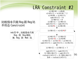 LRA Constraint #2 
t(r45/r3) = z(r53/r0) + y(r44/r3) 
sum(r51/r1) = sum(r51/r1) + t(r45/r3) 
196 
n(r48/r0) = n($r0) 
x(r42/r1) = n(r8/r0) * 2 
z(r43/M) = x(r42/r1) 
sum(r41/r1) = 0 
i(r40/r2) = 0 
i(r50/r2) = i(r40/r2) 
sum(r51/r1) = sum(r41/r1) 
n(r52/M) = n(r48/r0) 
i(r50/r2) < n(r52/M)? 
y(r44/r3) = i(r50/r2) 
z(r53/r0) = z(r43/M) 
i(r50/r2) = i(r50/r2) + 1 
sum(r41/r1) = sum(r51/r1) 
D.1385(r46/r1) = sum(r41/r1) 
<retval>(r47/r1) = D.1385(r46/r1) 
$r0 = <retval>(r47/r1) 
比較指令只能Reg跟Reg比 
不符合Constraint 
nds32中,比較指令只有 
Reg 與 Reg相比 
無 Reg 與 Mem 比 
 