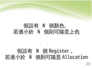 23 
假設有 N 個顏色， 
若邊小於 N 個則可隨意上色 
假設有 N 個Register， 
若邊小於 N 個則可隨意Allocation 
 