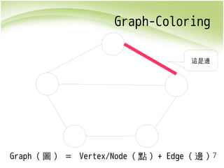7 
Graph-Coloring 
這是邊 
Graph (圖) ＝ Vertex/Node (點) + Edge (邊) 
 