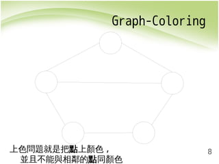 8 
Graph-Coloring 
上色問題就是把點上顏色, 
並且不能與相鄰的點同顏色 
 