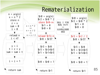 Rematerialization 
85 
$r0 = arg(n) 
$r2 = $r0 * 2 
store $r0->n 
$r1 = 0 
$r0 = 0 
relaod $r3<-n 
$r0 < $r3? 
$r3 = $r0 
$r3 = $r2+$r3 
$r1 = $r1+$r3 
$r0 = $r0 + 1 
return $r1 
n = arg(n) 
x = n * 2 
store n 
z = x 
sum = 0 
i = 0 
relaod n 
i < n? 
y = i 
t = z + y 
sum = sum + t 
i = i + 1 
return sum 
$r0 = arg(n) 
$r2 = $r0 * 2 
$r1 = 0 
$r0 = 0 
$r3 = $r2 / 2 
$r0 < $r3? 
$r3 = $r0 
$r3 = $r2+$r3 
$r1 = $r1+$r3 
$r0 = $r0 + 1 
return $r1 
除以 2 可替 
換為 Shift 
=> 
比存取記憶體 
便宜 
x = n * 2 
=> 
n = x / 2 
=> 
n = z / 2 
 