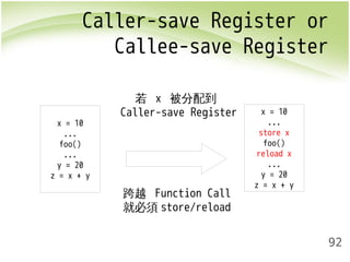 Caller-save Register or 
Callee-save Register 
92 
x = 10 
... 
foo() 
... 
y = 20 
z = x + y 
若 x 被分配到 
Caller-save Register x = 10 
... 
store x 
foo() 
reload x 
... 
y = 20 
z = x + y 
跨越 Function Call 
就必須store/reload 
 