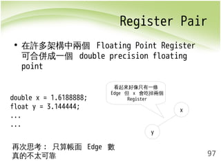 Register Pair 
97 
• 在許多架構中兩個 Floating Point Register 
可合併成一個 double precision floating 
point 
double x = 1.6188888; 
float y = 3.144444; 
... 
... 
y 
x 
看起來好像只有一條 
Edge 但 x 會吃掉兩個 
Register 
再次思考: 只算帳面 Edge 數 
真的不太可靠 
 