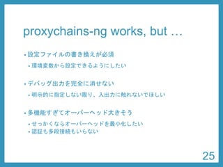 proxychains-ng works, but … 
•設定ファイルの書き換えが必須 
•環境変数から設定できるようにしたい 
•デバッグ出力を完全に消せない 
•明示的に指定しない限り、入出力に触れないでほしい 
•多機能すぎてオーバーヘッド大きそう 
•せっかくならオーバーヘッドを最小化したい 
•認証も多段接続もいらない 
25 
 
